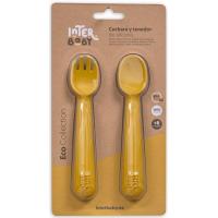 Cuchara y tenedor mostaza de silicona INTERBABY