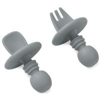 Cubiertos de aprendizaje gris antiahogo de silicona INTERBABY, set 2 uds