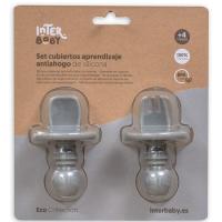 Cubiertos de aprendizaje gris antiahogo de silicona INTERBABY, set 2 uds