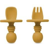 Cubiertos de aprendizaje mostaza antiahogo de silicona INTERBABY, set 2 uds Cubiertos de aprendizaje mostaza antiahogo de silicona INTERBABY, set 2 uds