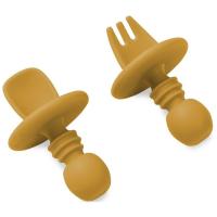 Cubiertos de aprendizaje mostaza antiahogo de silicona INTERBABY, set 2 uds