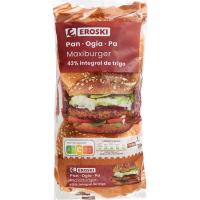 Maxi pan burguer 43% integral EROSKI, 4 uds, paquete 330 g Maxi pan burguer 43% integral EROSKI, 4 uds, paquete 330 g