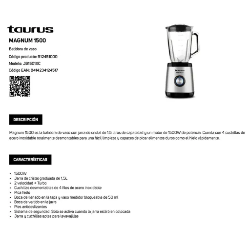 Batidora Vaso, 1500 W, 1,5 litros, Magnum 1500 TAURUS