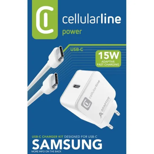 Cargador de red blanco Tipo-C 15W y cable, ACHSMKITC2C15WW CELLULAR LINE