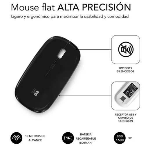 Ratón óptico inalámbrico negro recargable, Dual Flat SUBBLIM