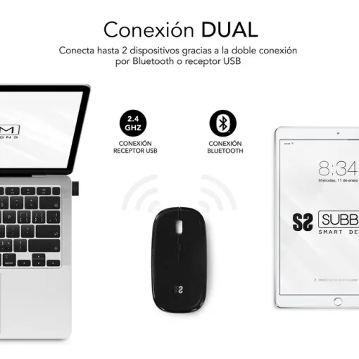 Ratón óptico inalámbrico negro recargable, Dual Flat SUBBLIM