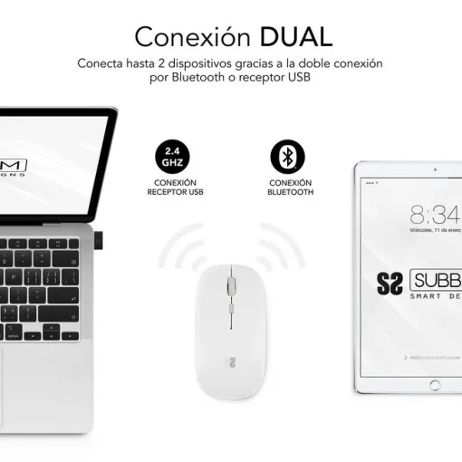 Ratón óptico inalámbrico blanco recargable, Dual Flat SUBBLIM