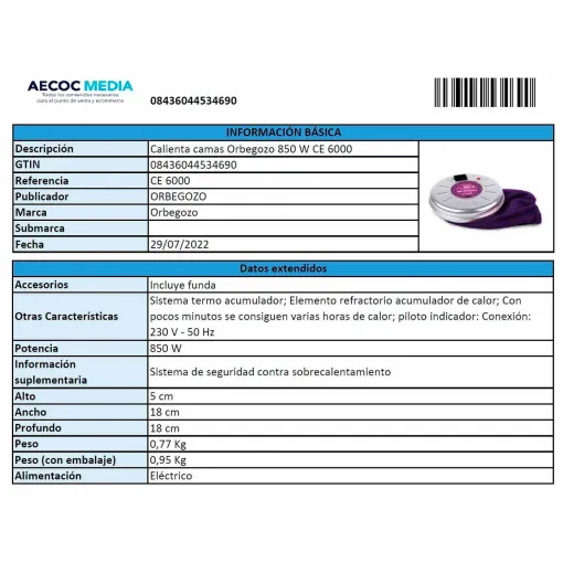 Calienta camas, 850 W, CE6000 ORBEGOZO