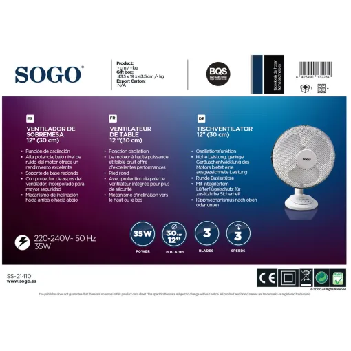 Ventilador sobremesa 30 cm, 35 W, 21410 SOGO