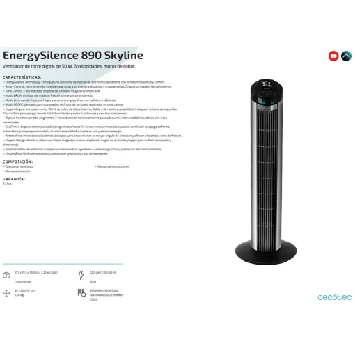 Ventilador torre, 77 cm, 45 W, 3 velocidades, SS-21355 SOGO