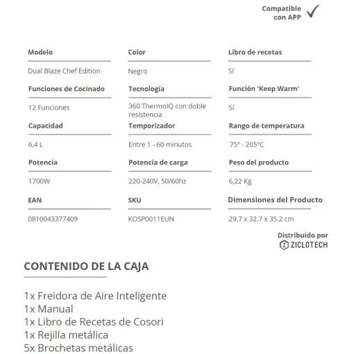 Freidora de aire 1700W, 6,4 litros Dual Blaze Chef Edition COSORI