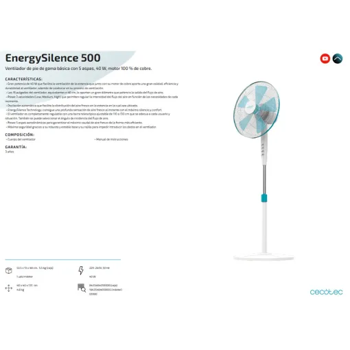 Ventilador de pie, 40 cm, 40 W, 5900 EnergySilence 500 CECOTEC