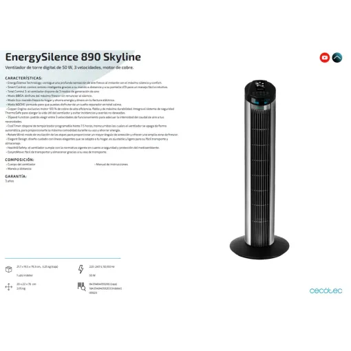 Ventilador torre, 76 cm, 50 W, EnergySilence 890 CECOTEC