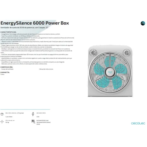 Ventilador Box Fan 50 W, EnergySilence 6000 CECOTEC