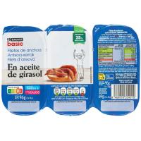 Filetes de anchoa en aceite de girasol EROSKI BASIC, pack 3x23 g