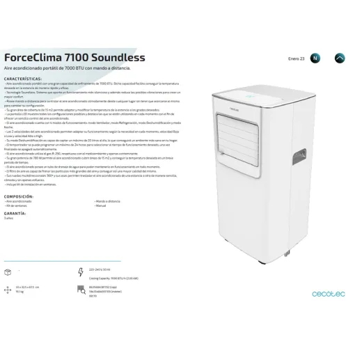Aire acondicionado portátil, ForceClima 7100 Soundless CECOTEC