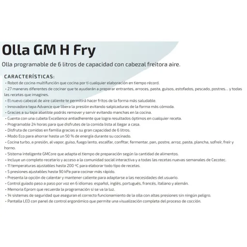 Olla eléctrica programable, 6 lítros, GM H Fry CECOTEC