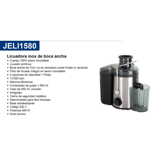 Licuadora inox boca ancha JELI1580, 400W JATA
