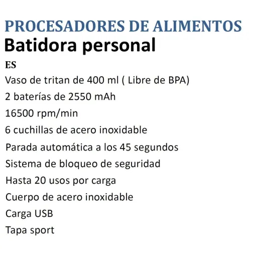 Batidora de vaso personal, 400 ml, USB Sport Onyx Up UFESA