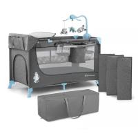 Cuna de viaje Joy Plus gris azul KINDERKRAFT Dispone de doble altura, doble entrada lateral con cremallera y ruedas para su traslado. Incluye carrusel, cambiador y estante para pañales y bolsillos para objetos. Normativa Europea EN716