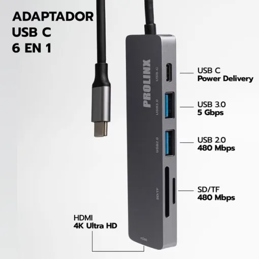 Adaptador Hub USB Tipo C a 6 Puertos en 1, Central Station PROLINX