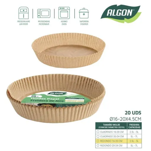 Molde de papel para freidora de aire redondo, Ø20-24x 4.5 cm ALGON, pack 20 uds Molde de papel para freidora de aire redondo, Ø20-24x 4.5 cm ALGON, pack 20 uds
