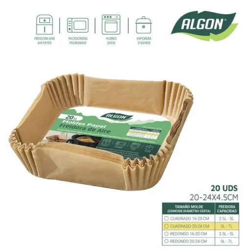 Molde de papel para freidora de aire cuadrado, Ø16-20x4,5 cm ALGON, pack 20 uds