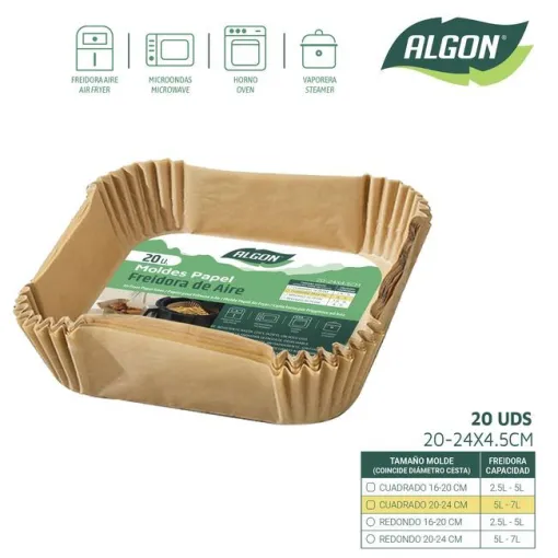 Molde de papel para freidora de aire cuadrado, Ø20-24x4,5 cm ALGON, pack 20 uds