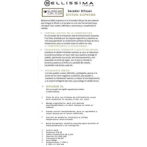 Secador Difusor de pelo, 770W, Diffon Supreme XL Curl Flow BELLISIMA