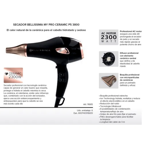 Secador de pelo profesional 2300W, My Pro ceramic P5 3800 BELLISIMA