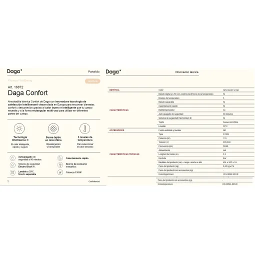 Almohadilla eléctrica, 35x40 cm, 110W, 16872 Confort DAGA Almohadilla eléctrica, 35x40 cm, 110W, 16872 Confort DAGA