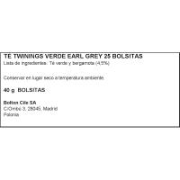 Té earl grey green TWININGS, caja 25 sobres