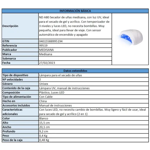 Lámpara UV ND A80 MEDISANA