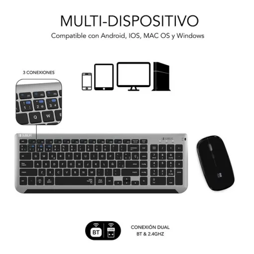 Teclado y ratón inalámbrico gris/negro, 2.4G Combo Dual Prestige SUBBLIM