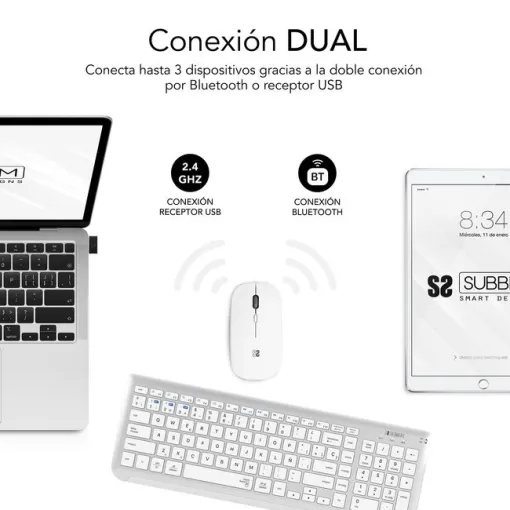 Teclado y ratón inalámbrico plata/blanco, 2,4G Combo Dual Prestige SUBBLIM