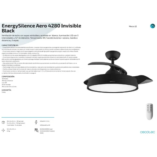 Ventilador de techo, 106 cm, 40W, Energy Silence Aero 4280 Invisible Black CECOTEC