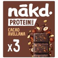 Barritas protein de cacao y avellanas NAKD, pack 3x45 g