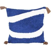Cojín azul dos ondas blancas y 4 borlas, 45x45 cm