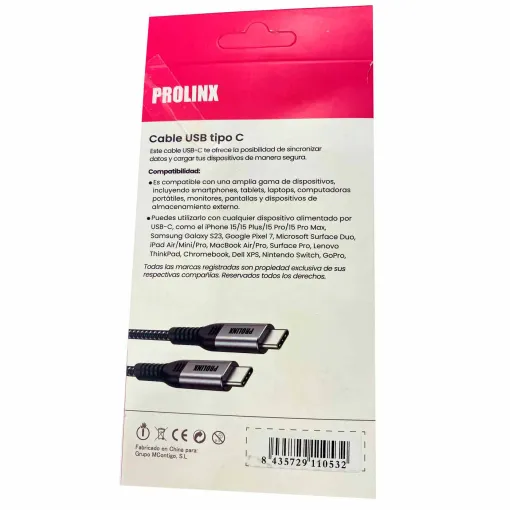 Cable de carga y transferencia USB-C a USB-C 60W, 3A nylon negro PROLINX, 1 metro