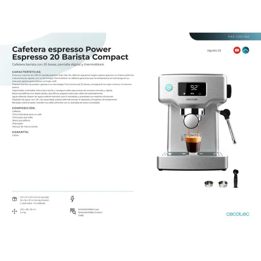 Cafetera barista, 20 bar, Power 20 Compacto CECOTEC