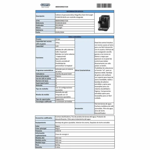 Cafetera automática, 1450W Ecam220.60.B DELONGHI