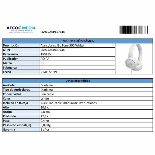 Auriculares diadema blancos Tune 500 JBL