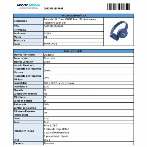 Auriculares diadema BT azules Tune510 JBL