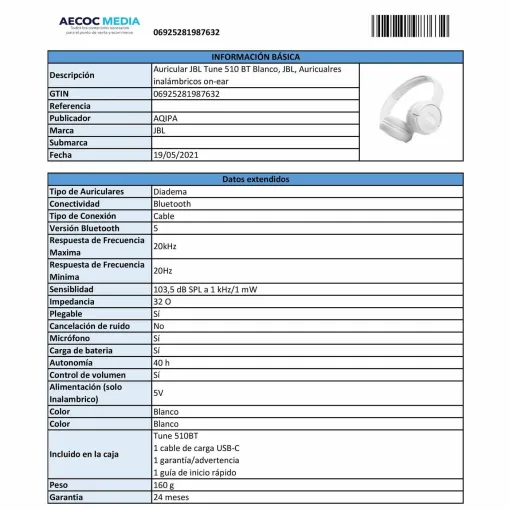 Auriculares diadema BT blancos Tune 510 JBL