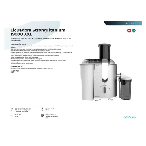 Licuadora 1300W, StrongTitanium 19000 XXL CECOTEC