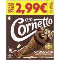 Helado Cono de chocolate con barquillo CORNETTO, pack 4x90 ml