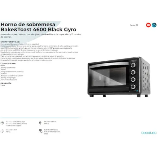 Horno portatil 46l Bake&Toast 4600 Black Gyro CECOTEC