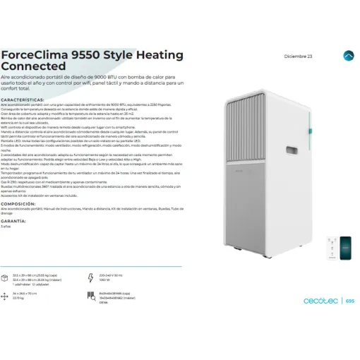 Aire acondicionado portátil ForceClima 9550 Heating Connected, 9000BTU CECOTEC