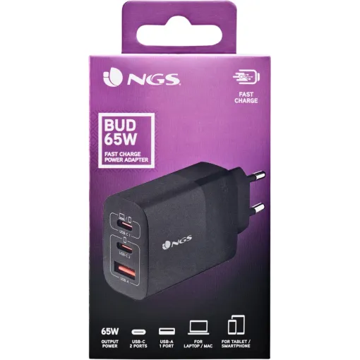 Cargador BUD de pared ultrarápido, 65W con 3 puertos: 2 USB-C 1 USB-A, NGS