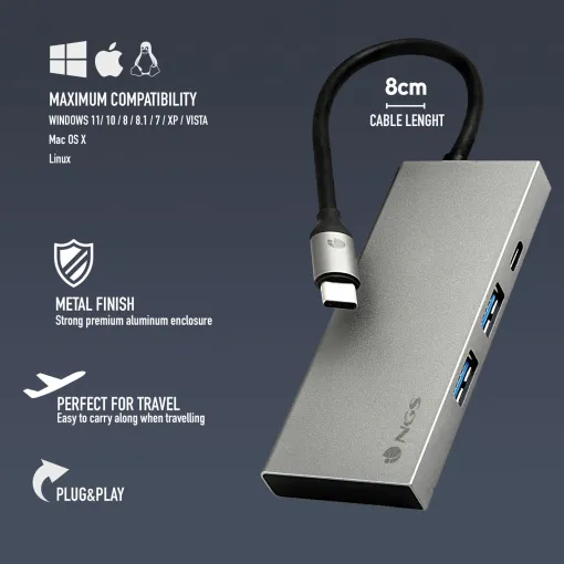 Adaptador multipuerto USB-C con USB3.0, USB-C con carga PD, HDMI, NGS